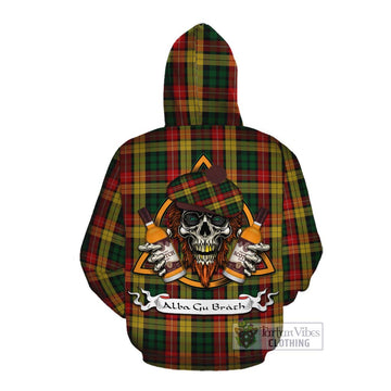 Buchanan Tartan Cotton Hoodie with Family Crest and Bearded Skull Holding Bottles of Whiskey