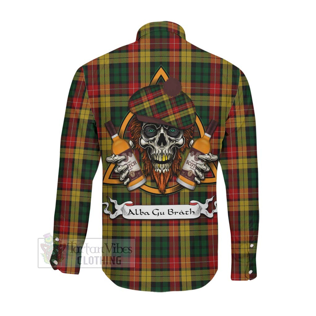 Tartan Vibes Clothing Buchanan Tartan Long Sleeve Button Shirt with Family Crest and Bearded Skull Holding Bottles of Whiskey