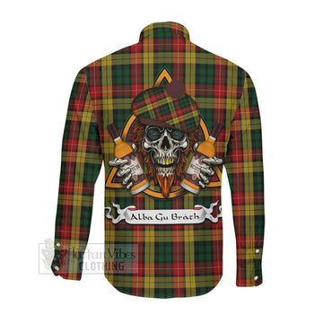 Buchanan Tartan Long Sleeve Button Shirt with Family Crest and Bearded Skull Holding Bottles of Whiskey