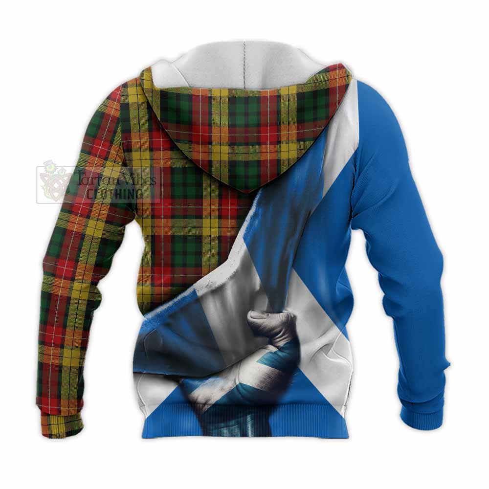 Tartan Vibes Clothing Buchanan Tartan Knitted Hoodie with Family Crest Scotland Patriotic Style