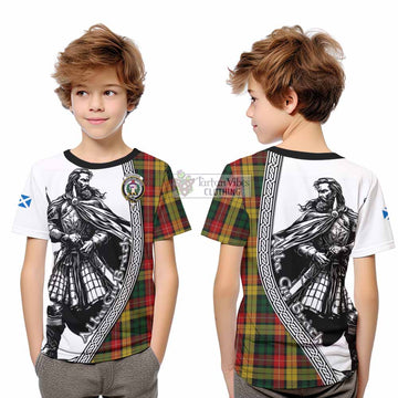 Buchanan Tartan Clan Crest Kid T-Shirt with Highlander Warrior Celtic Style - Tartan Vibes Clothing