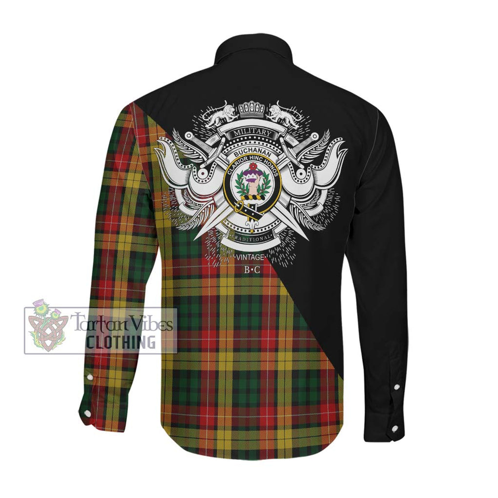 Buchanan Tartan Long Sleeve Button Shirt with Family Crest and Military Logo Style Men's Shirt - Tartanvibesclothing Shop