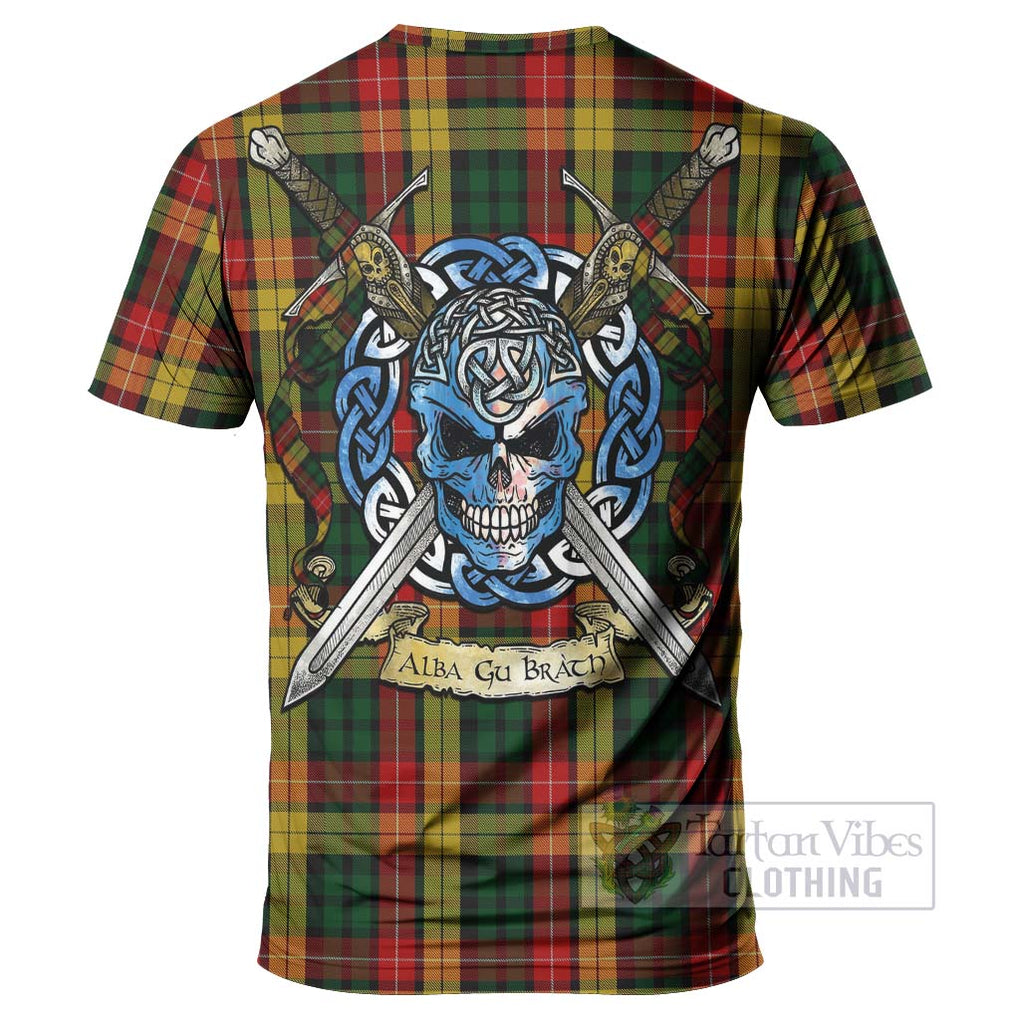 Tartan Vibes Clothing Buchanan Tartan T-Shirt with Family Crest Celtic Skull Style