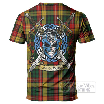 Buchanan Tartan T-Shirt with Family Crest Celtic Skull Style