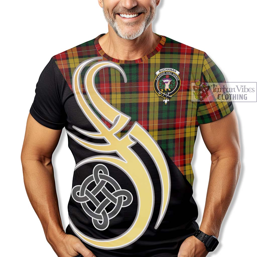 Tartan Vibes Clothing Buchanan Tartan T-Shirt with Family Crest and Celtic Symbol Style