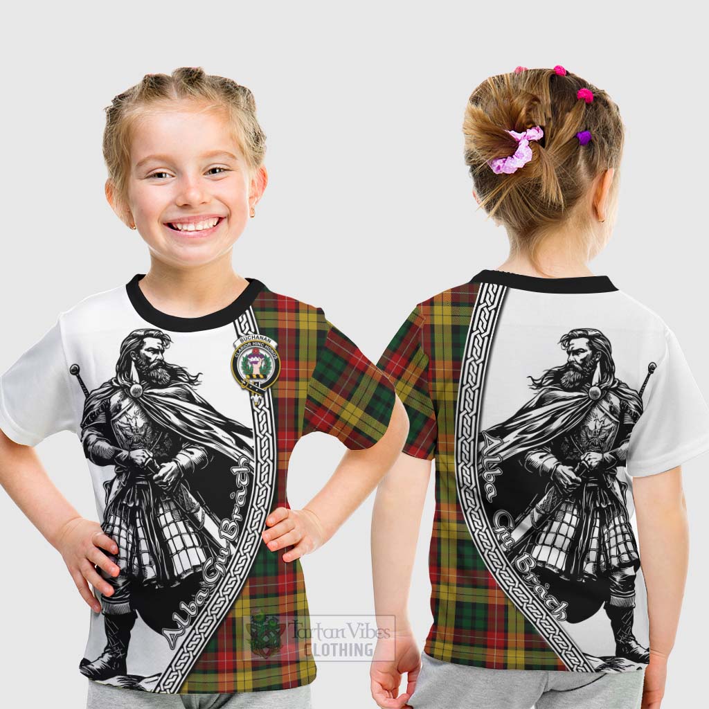 Tartan Vibes Clothing Buchanan Tartan Clan Crest Kid T-Shirt with Highlander Warrior Celtic Style