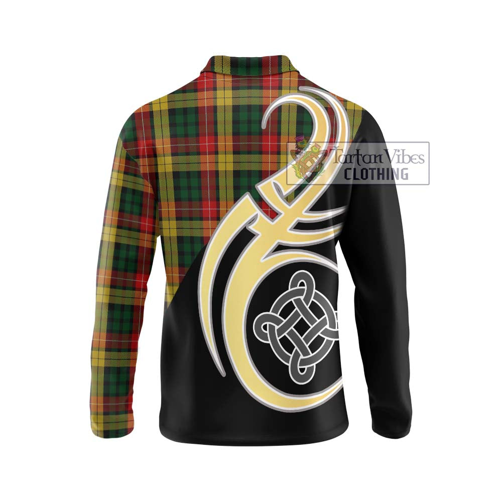 Buchanan Tartan Long Sleeve Polo Shirt with Family Crest and Celtic Symbol Style - Tartan Vibes Clothing