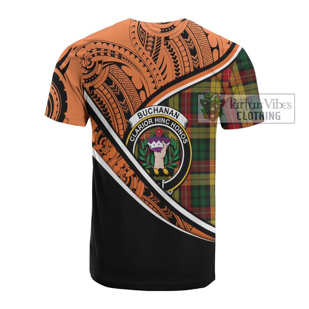 Tartan Vibes Clothing Buchanan Crest Tartan Cotton T-shirt with Maori Tattoo Style - Orange Version