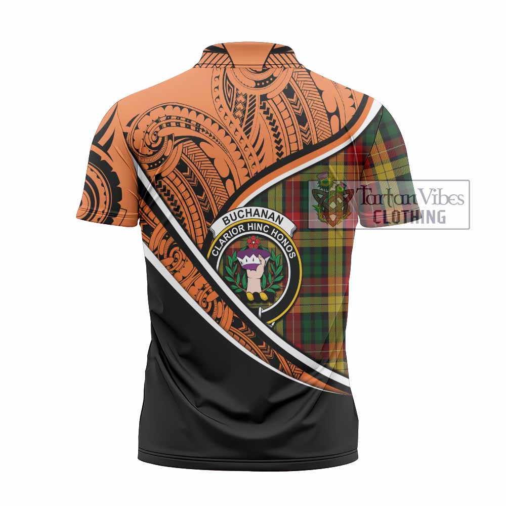 Tartan Vibes Clothing Buchanan Crest Tartan Zipper Polo Shirt with Maori Tattoo Style - Orange Version