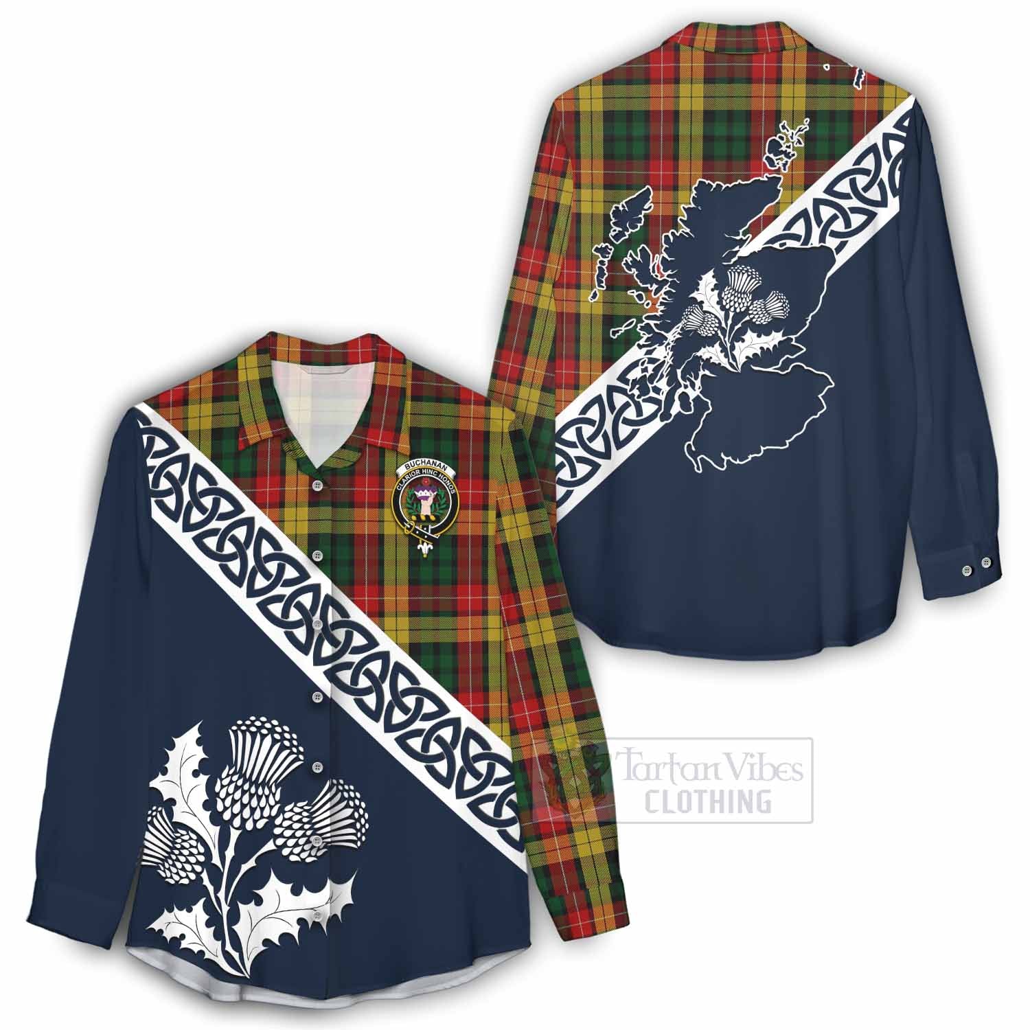 Tartan Vibes Clothing Buchanan Tartan Women's Casual Shirt Featuring Thistle and Scotland Map