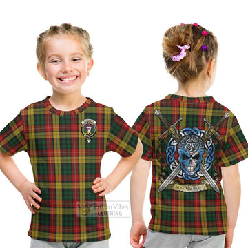 Buchanan Tartan Kid T-Shirt with Family Crest Celtic Skull Style