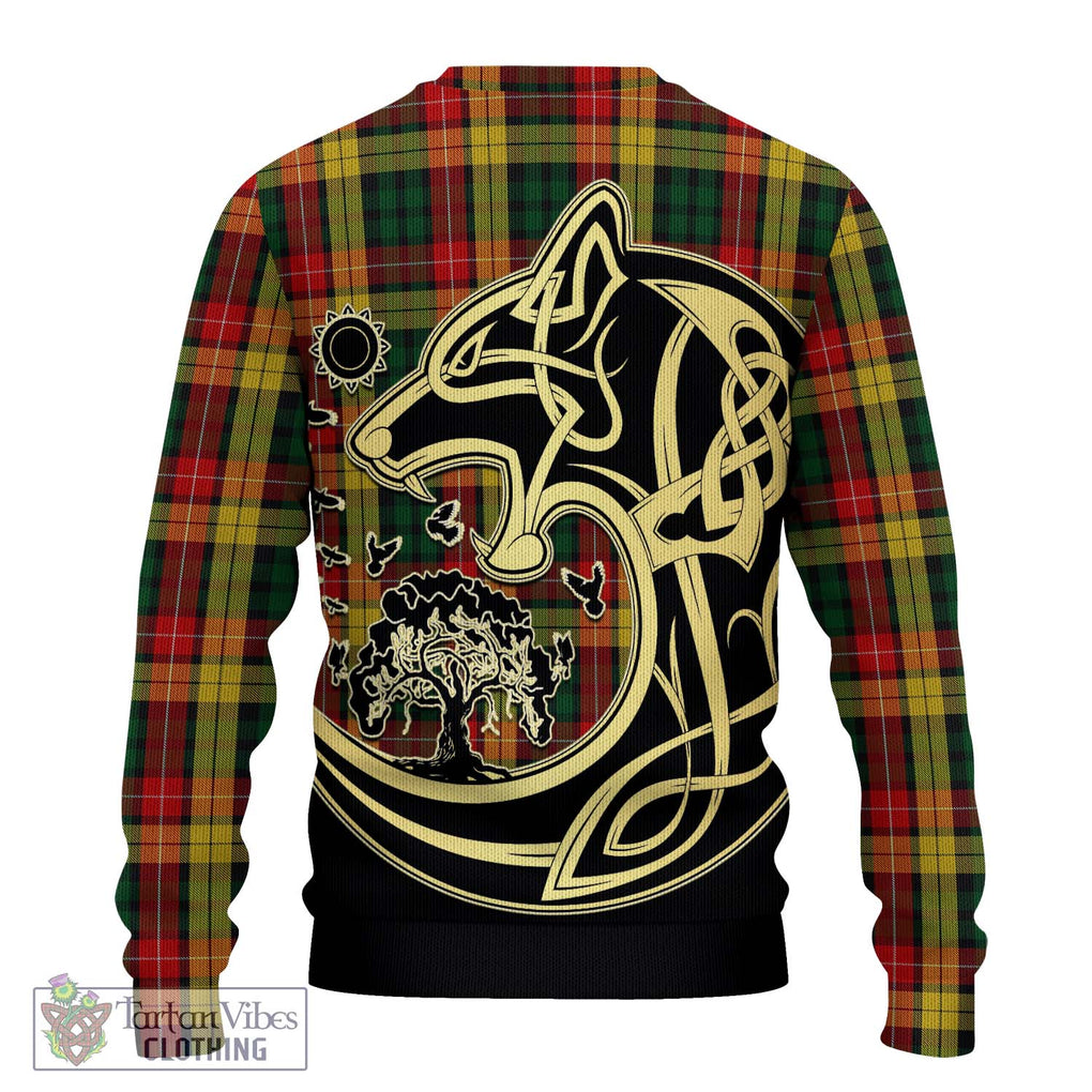 Buchanan Tartan Knitted Sweater with Family Crest Celtic Wolf Style - Tartan Vibes Clothing