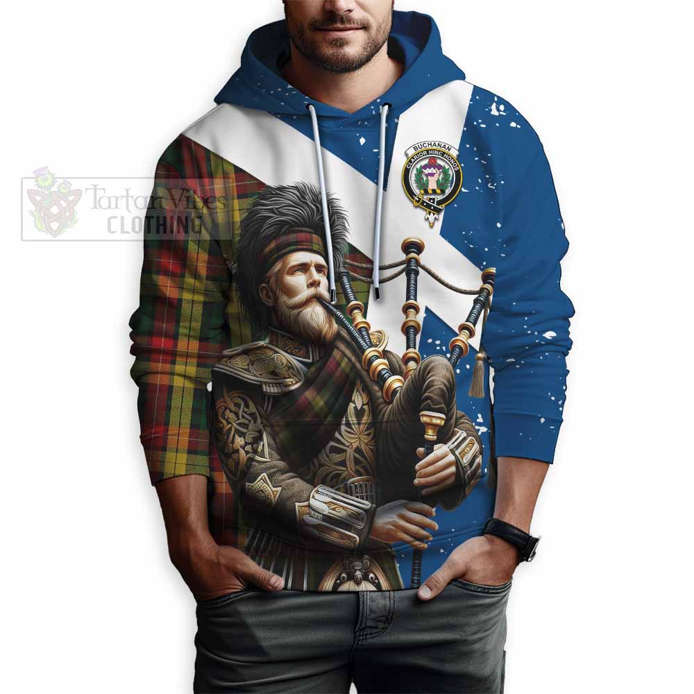 Tartan Vibes Clothing Buchanan Tartan Hoodie with Family Crest Scottish Bagpiper Vibes