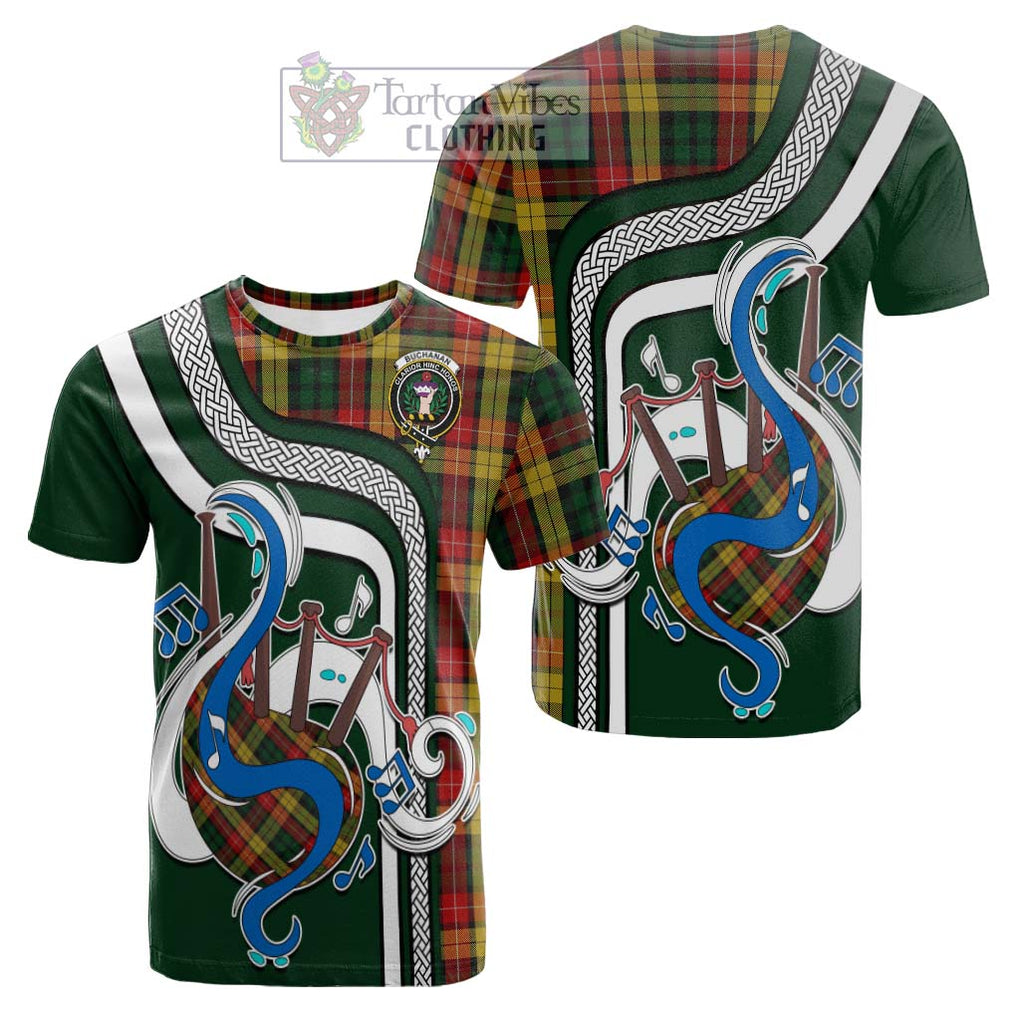 Tartan Vibes Clothing Buchanan Tartan Cotton T-shirt with Epic Bagpipe Style