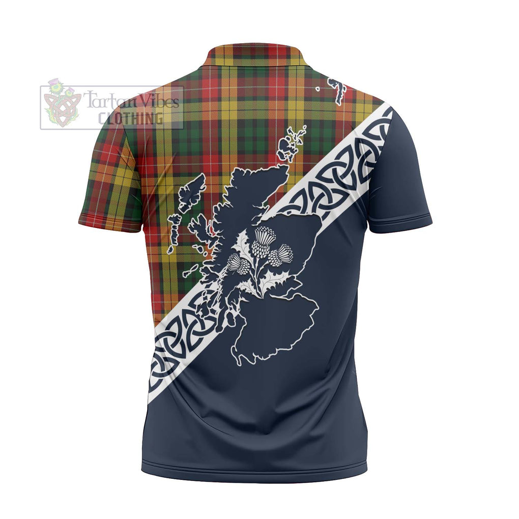 Tartan Vibes Clothing Buchanan Tartan Zipper Polo Shirt Featuring Thistle and Scotland Map