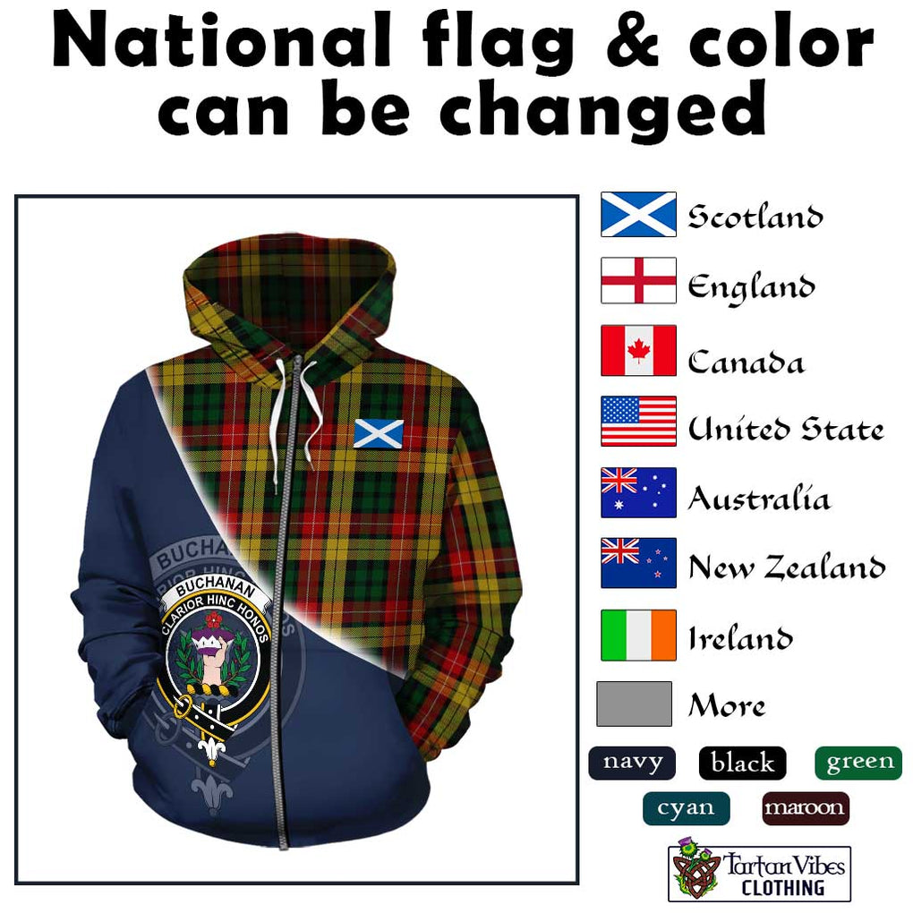 Buchanan Tartan Hoodie with Personalised National Flag and Family Crest Half Style - Tartanvibesclothing Shop