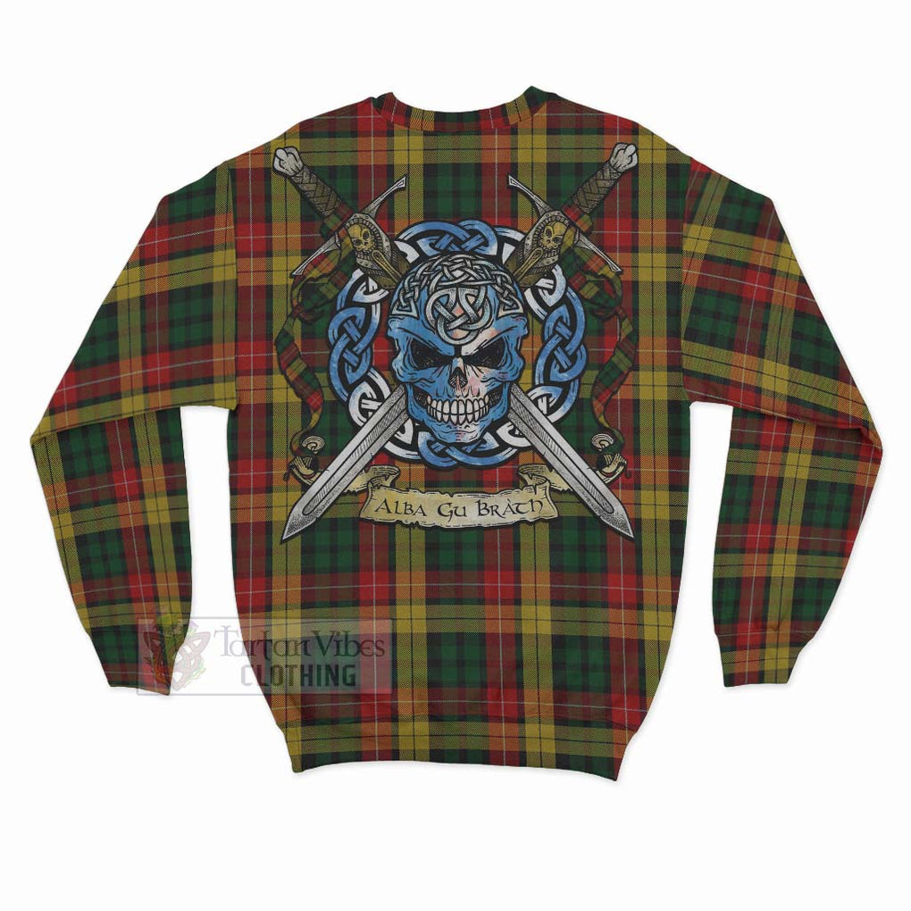 Tartan Vibes Clothing Buchanan Tartan Sweatshirt with Family Crest Celtic Skull Style