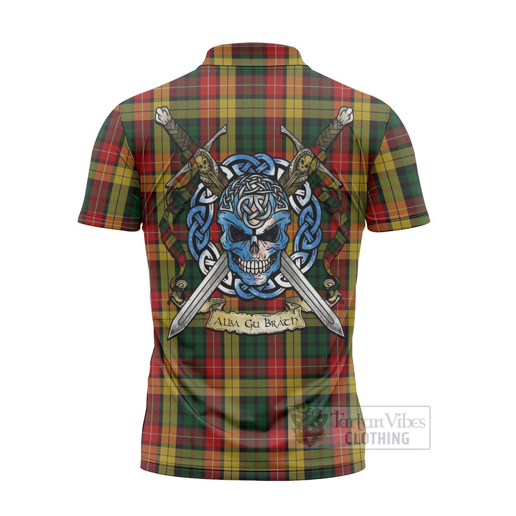 Tartan Vibes Clothing Buchanan Tartan Zipper Polo Shirt with Family Crest Celtic Skull Style