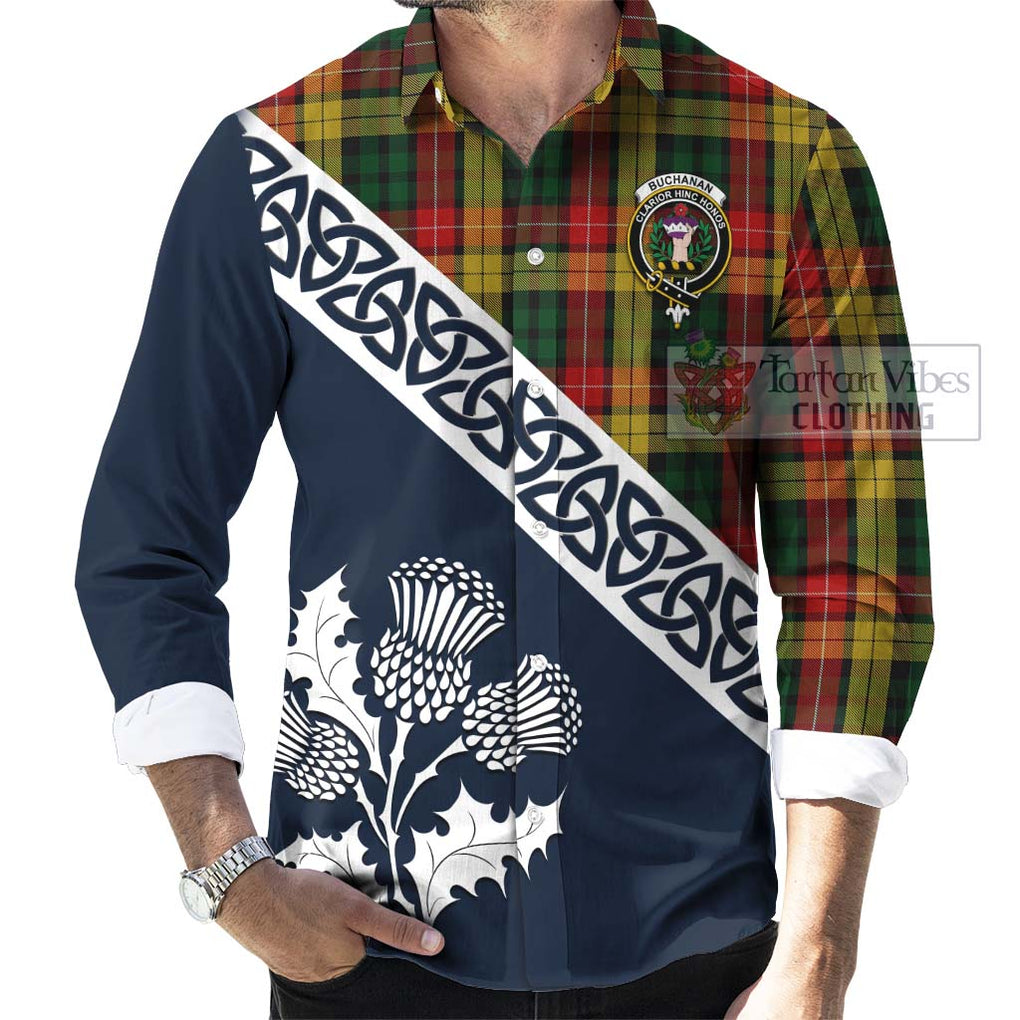 Tartan Vibes Clothing Buchanan Tartan Long Sleeve Button Shirt Featuring Thistle and Scotland Map