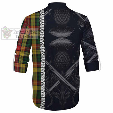 Buchanan Tartan Ghillie Kilt Shirt with Family Crest Cross Sword Thistle Celtic Vibes