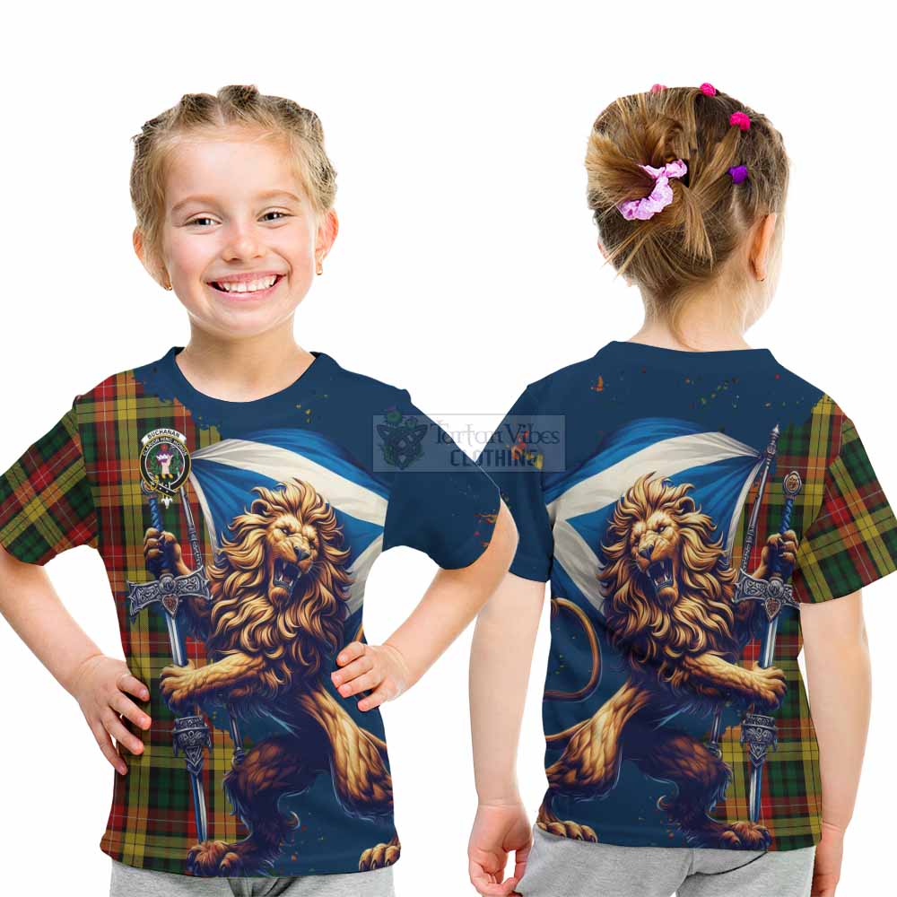 Tartan Vibes Clothing Buchanan Tartan Family Crest Kid T-Shirt with Scottish Majestic Lion