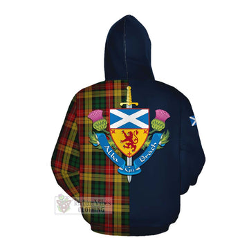 Buchanan Tartan Cotton Hoodie Alba with Scottish Lion Royal Arm Half Style