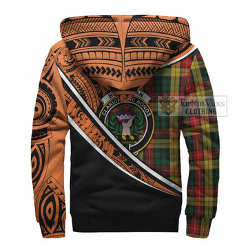 Buchanan Crest Tartan Sherpa Hoodie with Polynesian Vibes Style - Orange Version