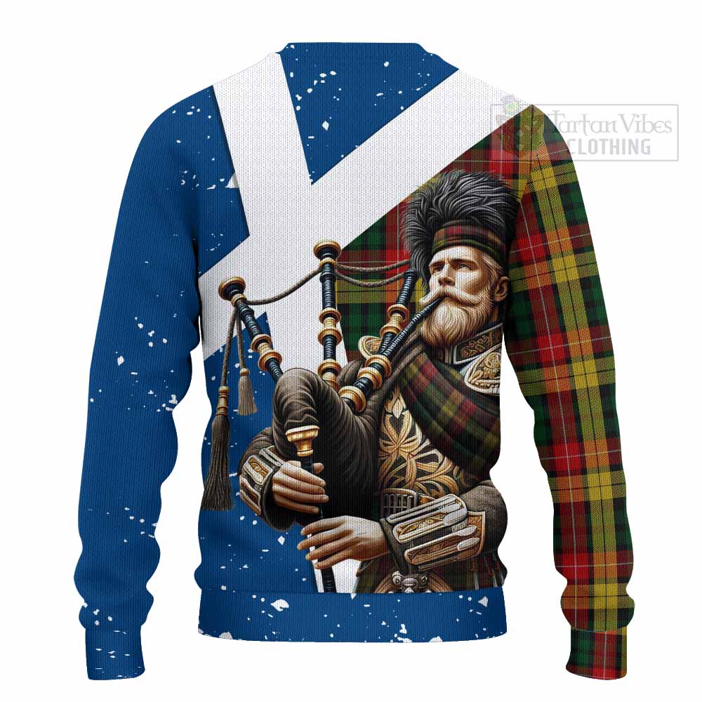 Tartan Vibes Clothing Buchanan Tartan Knitted Sweater with Family Crest Scottish Bagpiper Vibes