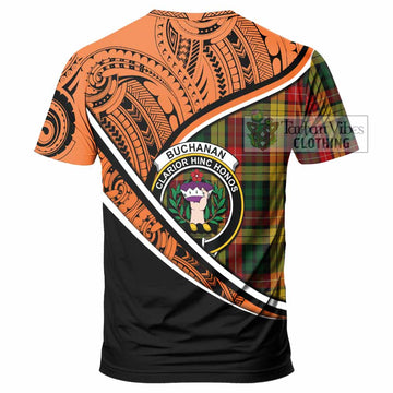 Buchanan Crest Tartan T-Shirt with Polynesian Vibes Style - Orange Version