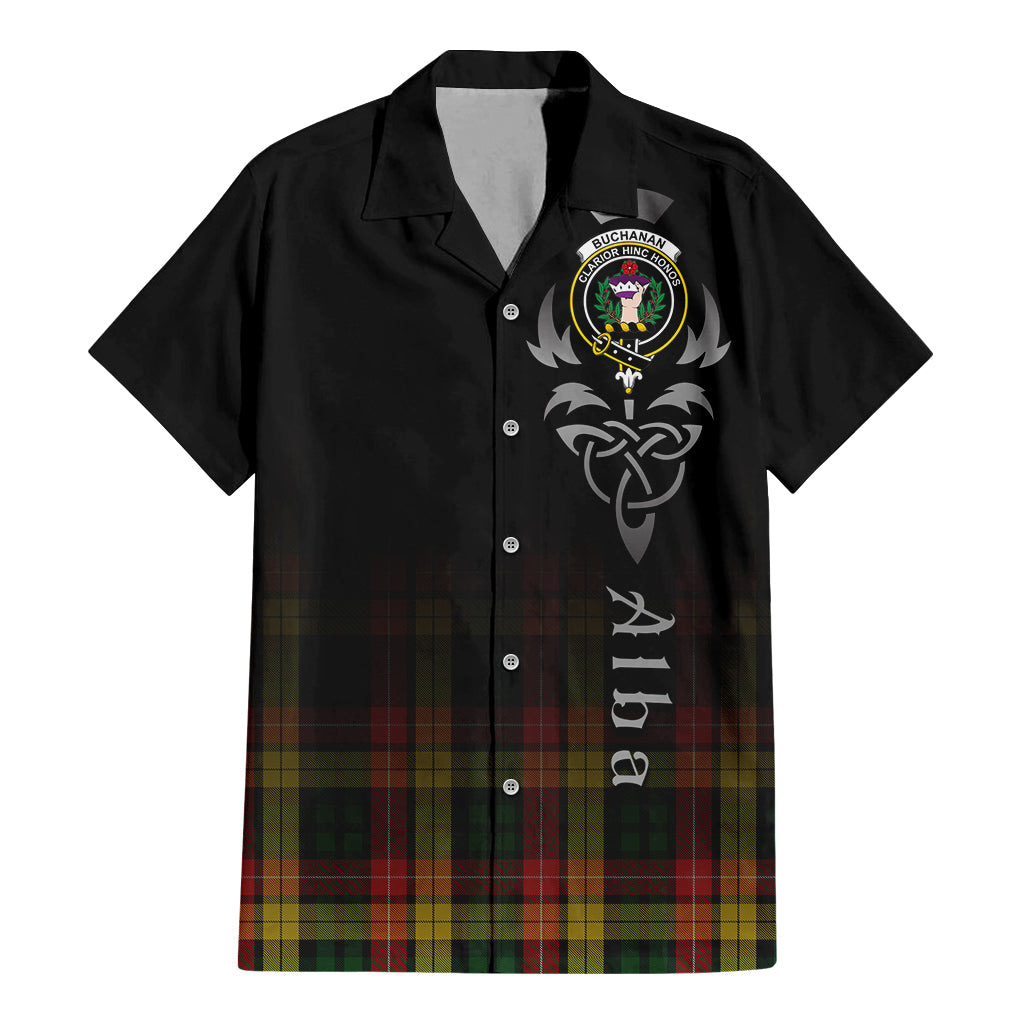 Tartan Vibes Clothing Buchanan Tartan Short Sleeve Button Up Featuring Alba Gu Brath Family Crest Celtic Inspired