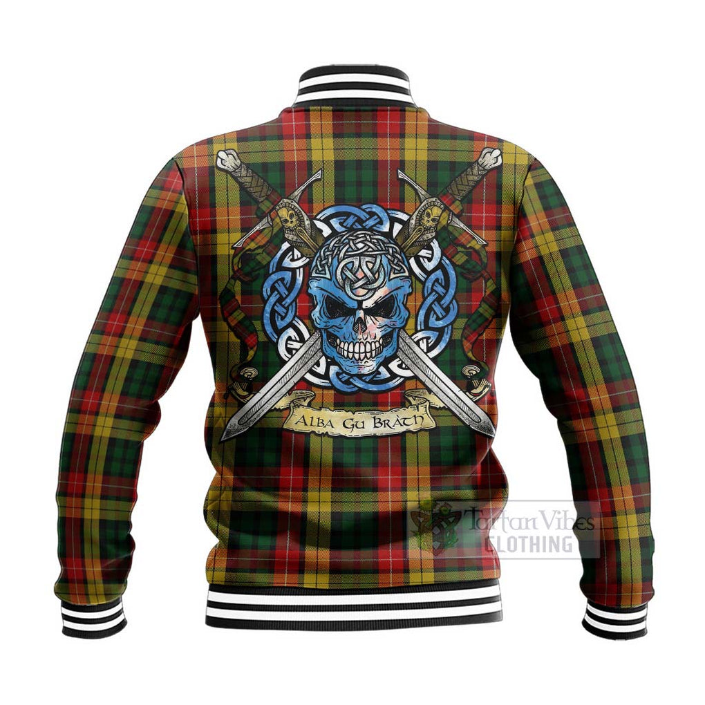 Tartan Vibes Clothing Buchanan Tartan Baseball Jacket with Family Crest Celtic Skull Style