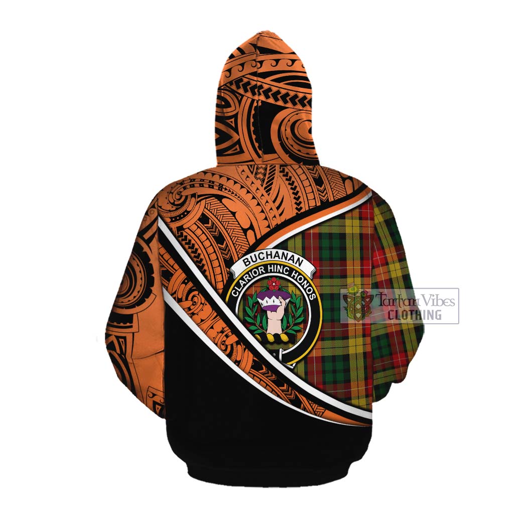 Tartan Vibes Clothing Buchanan Crest Tartan Cotton Hoodie with Maori Tattoo Style - Orange Version