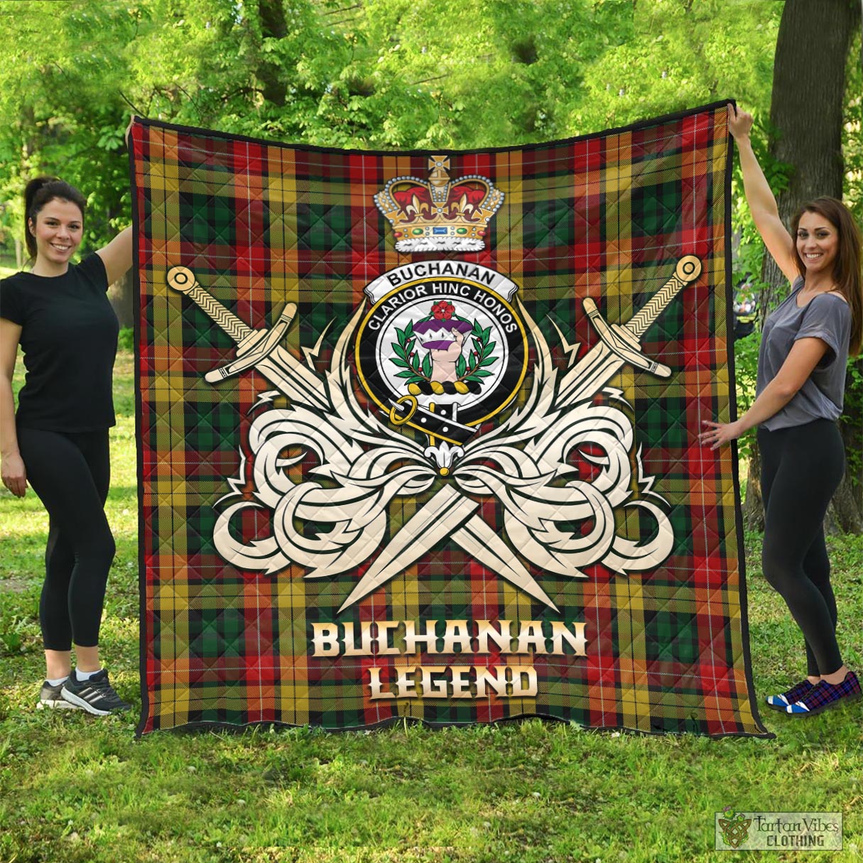 Tartan Vibes Clothing Buchanan Tartan Quilt with Clan Crest and the Golden Sword of Courageous Legacy