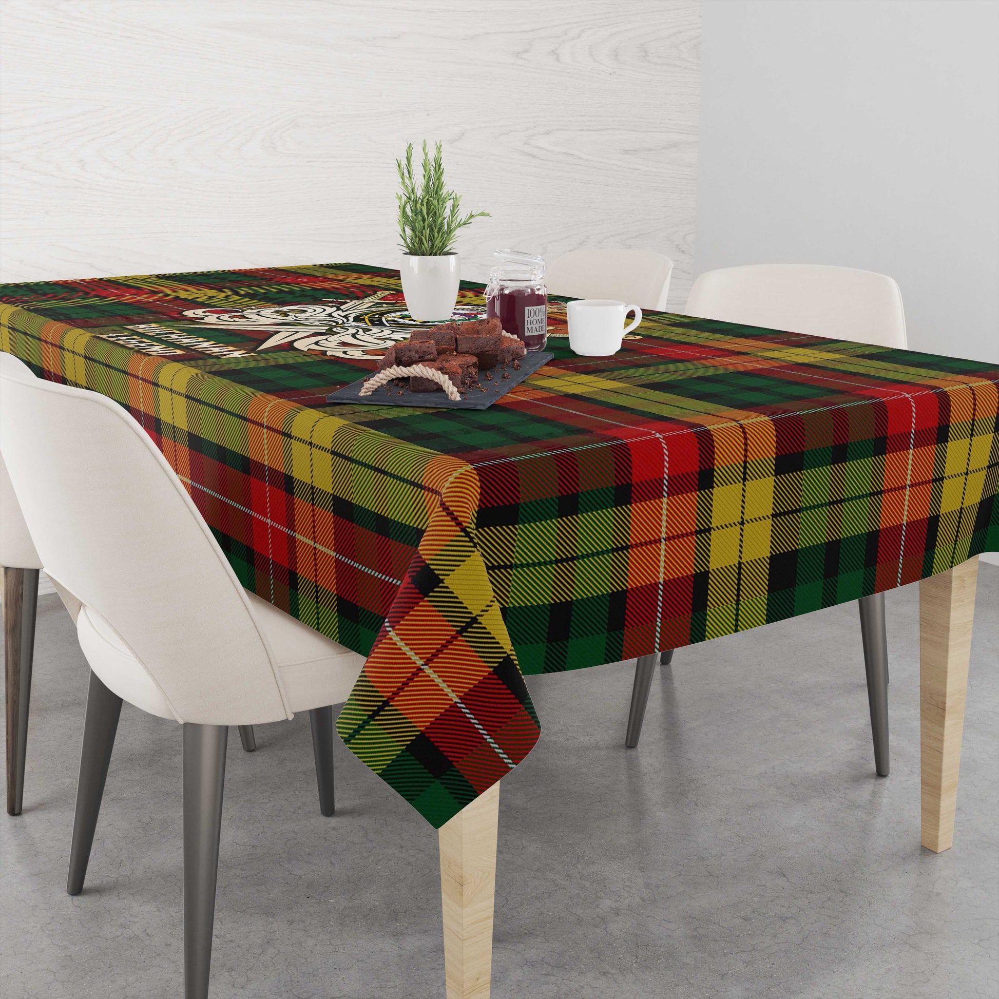 Tartan Vibes Clothing Buchanan Tartan Tablecloth with Clan Crest and the Golden Sword of Courageous Legacy