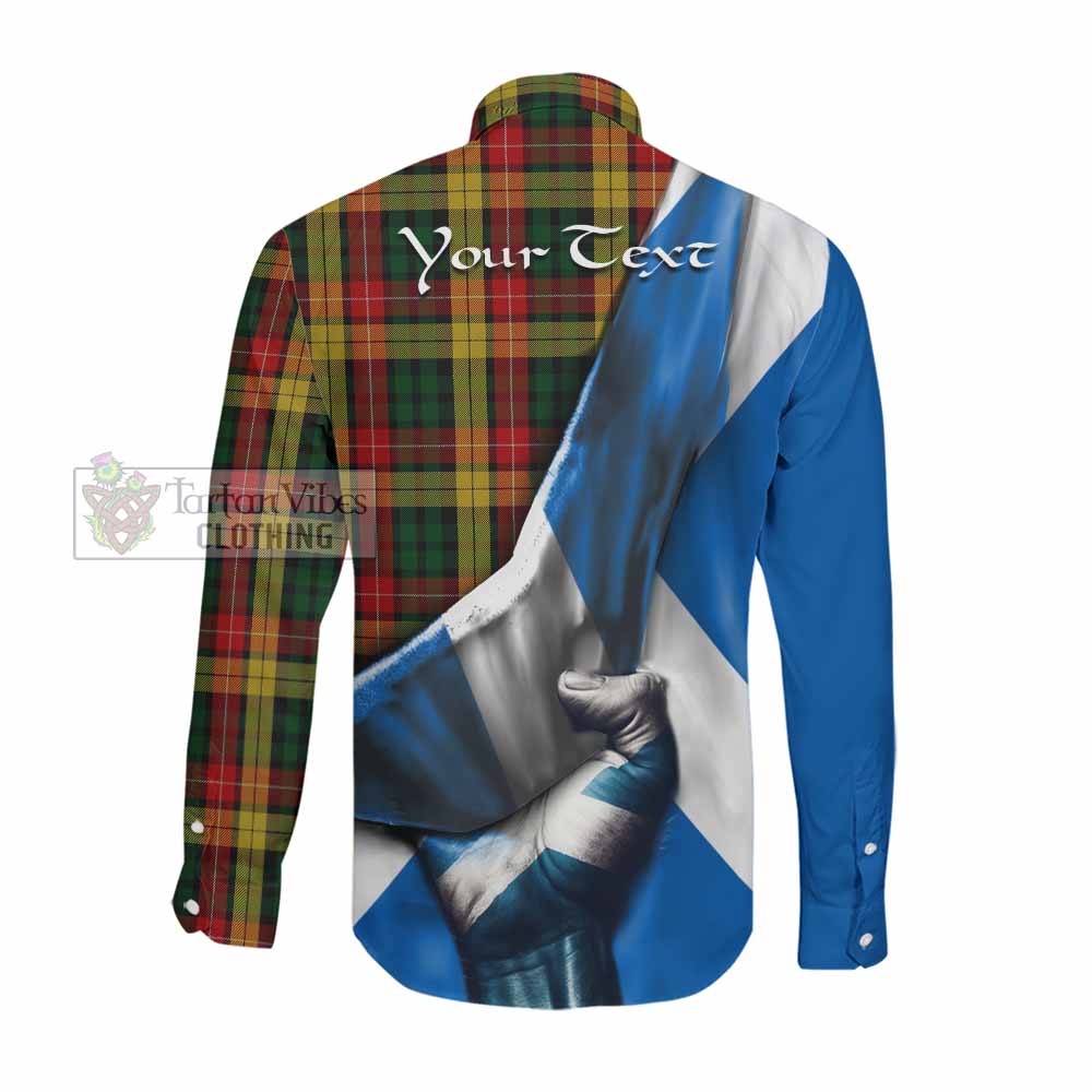 Tartan Vibes Clothing Buchanan Tartan Long Sleeve Button Shirt with Family Crest Scotland Patriotic Style