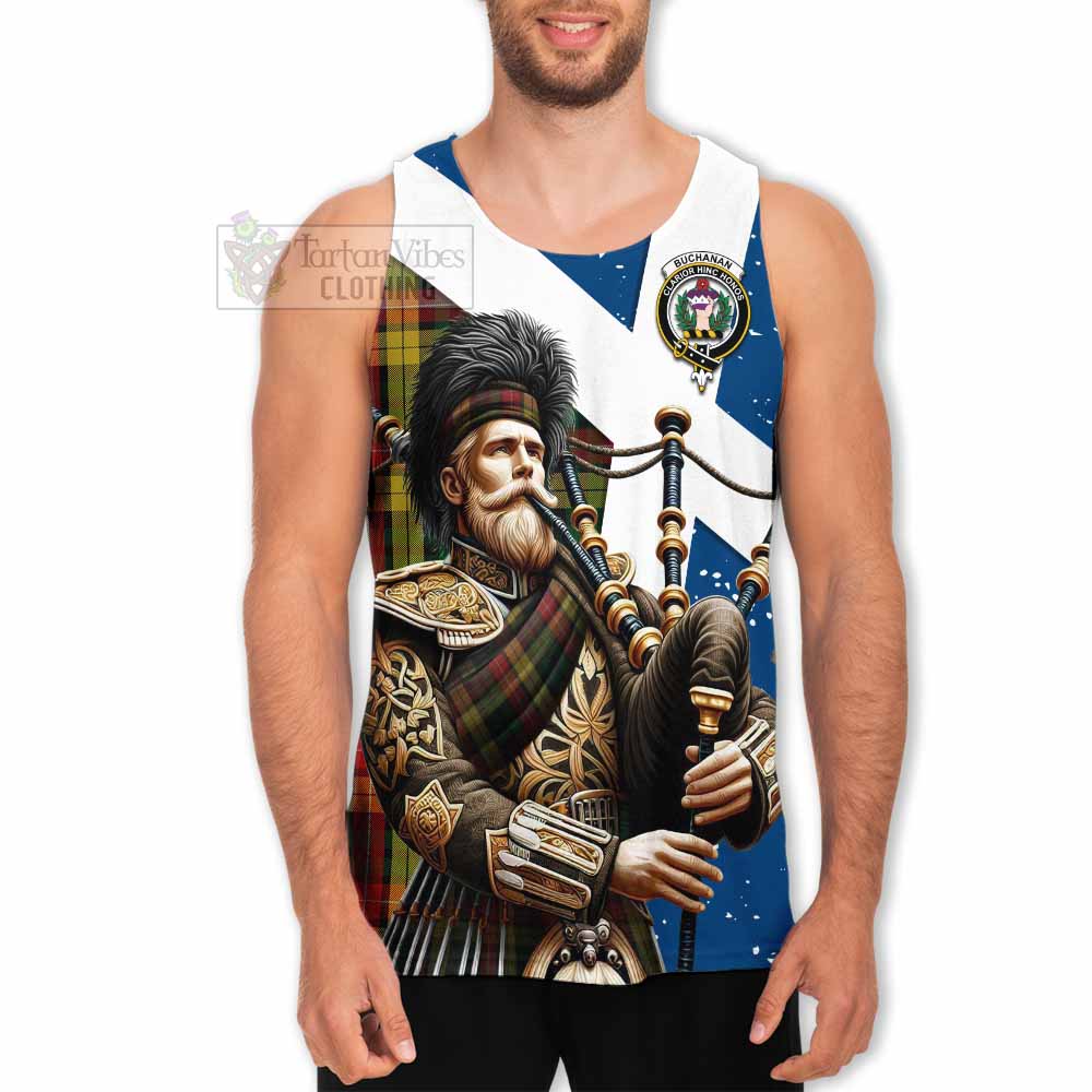 Buchanan Tartan Men's Tank Top with Family Crest Scottish Bagpiper Vibes