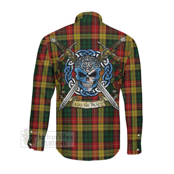 Buchanan Tartan Long Sleeve Button Shirt with Family Crest Celtic Skull Style