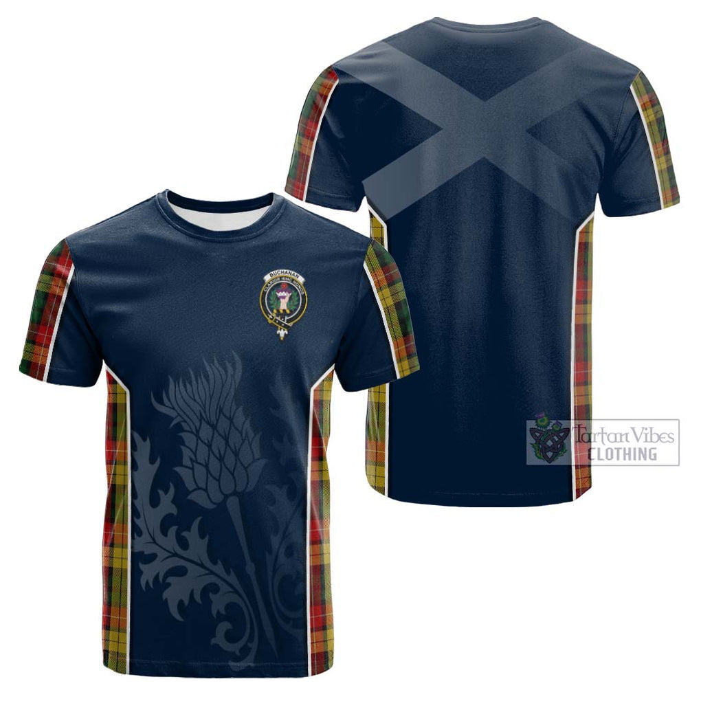 Tartan Vibes Clothing Buchanan Tartan Cotton T-shirt with Family Crest and Scottish Thistle Vibes Sport Style