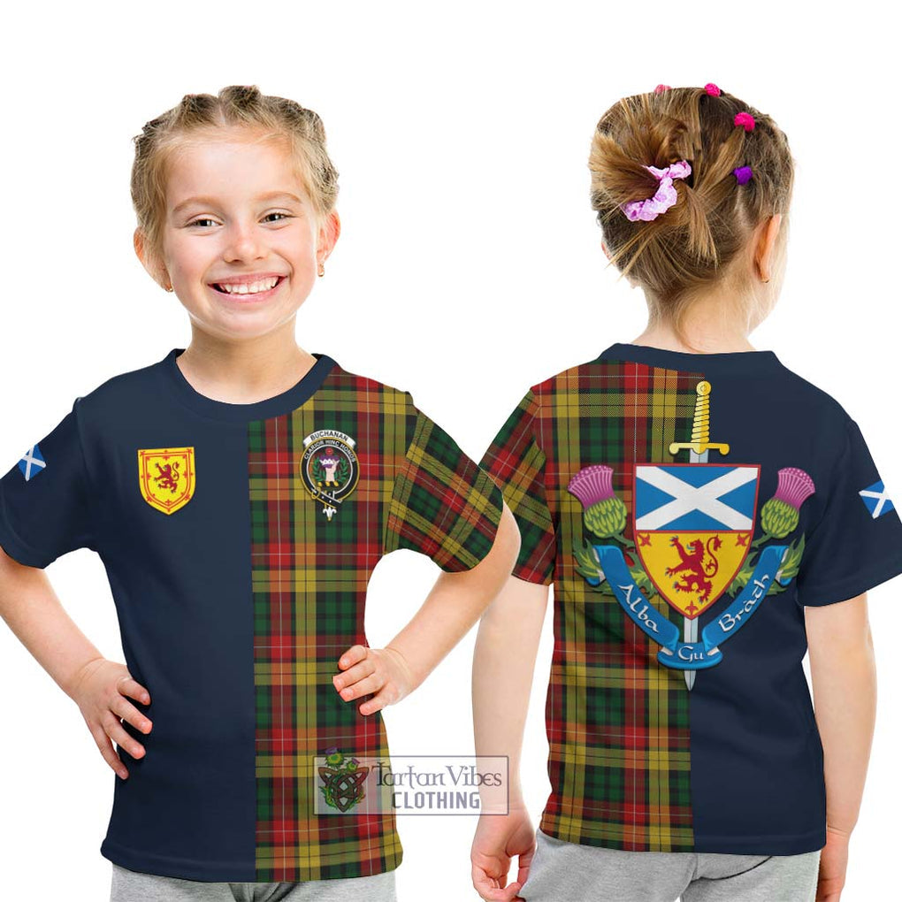 Tartan Vibes Clothing Buchanan Tartan Kid T-Shirt with Scottish Lion Royal Arm Half Style