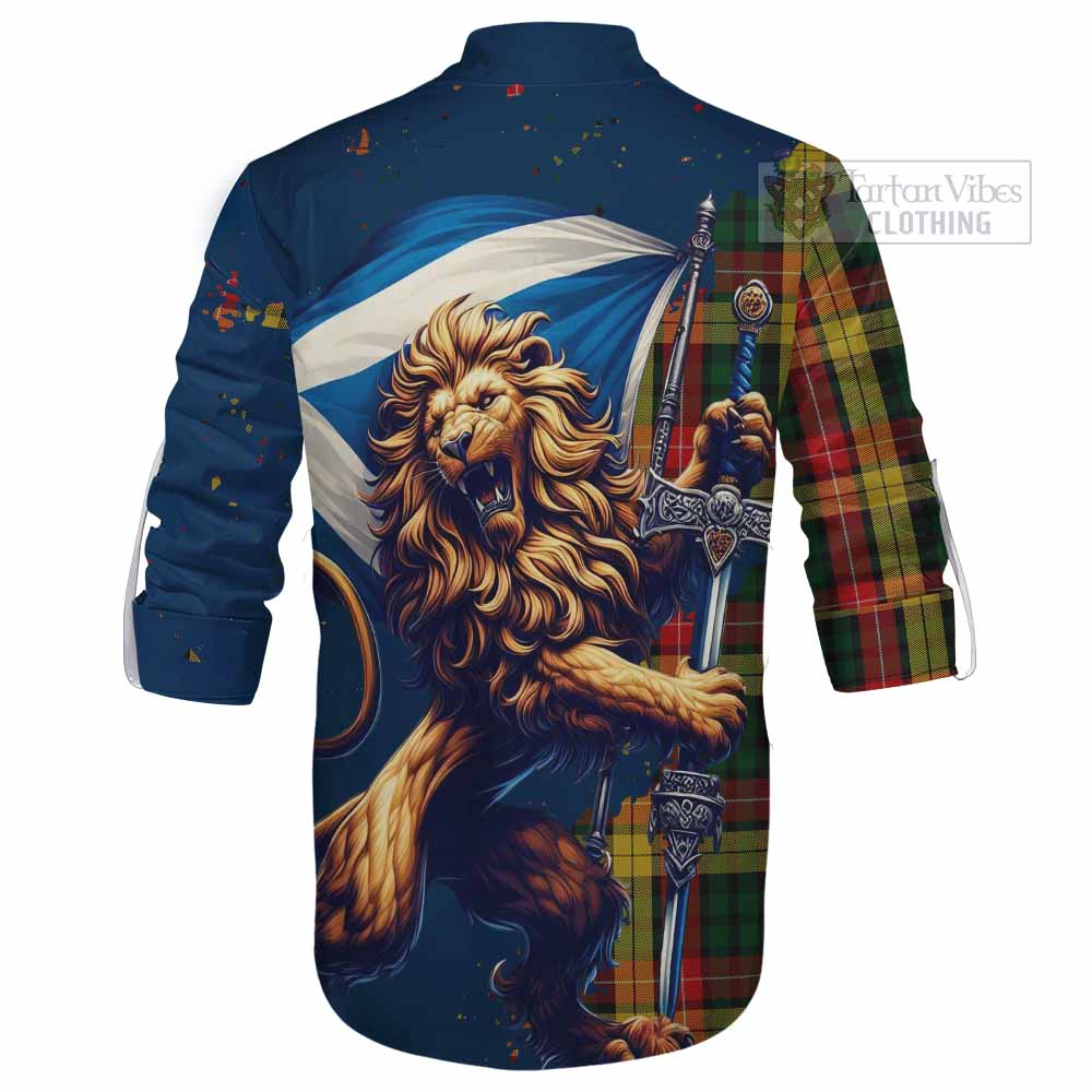 Tartan Vibes Clothing Buchanan Tartan Family Crest Ghillie Kilt Shirt with Scottish Majestic Lion