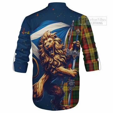 Buchanan Tartan Family Crest Ghillie Kilt Shirt with Scottish Majestic Lion