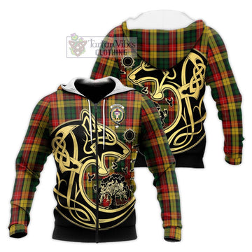 Buchanan Tartan Knitted Hoodie with Family Crest Celtic Wolf Style