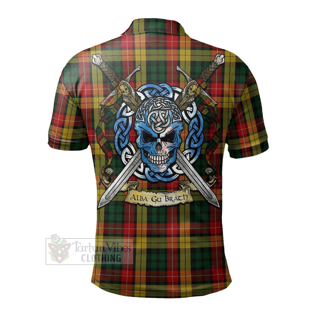 Tartan Vibes Clothing Buchanan Tartan Polo Shirt with Family Crest Celtic Skull Style