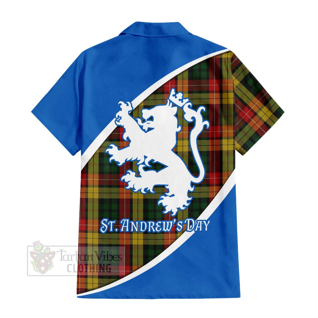 Tartan Vibes Clothing Buchanan Family Crest Tartan Short Sleeve Button Shirt Celebrate Saint Andrew's Day in Style