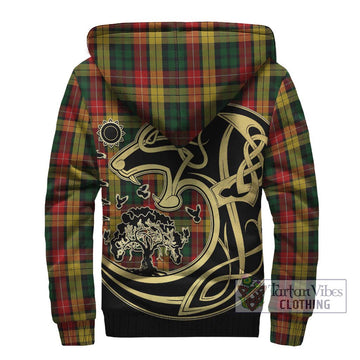 Buchanan Tartan Sherpa Hoodie with Family Crest Celtic Wolf Style