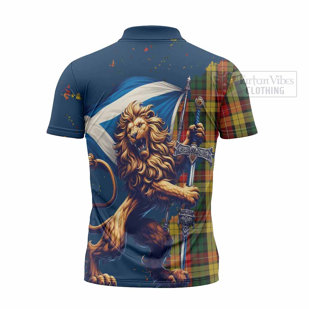 Tartan Vibes Clothing Buchanan Tartan Family Crest Zipper Polo Shirt with Scottish Majestic Lion