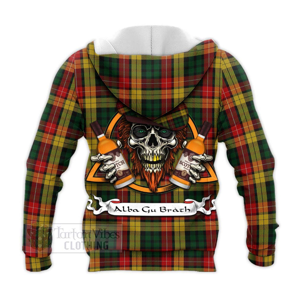 Tartan Vibes Clothing Buchanan Tartan Knitted Hoodie with Family Crest and Bearded Skull Holding Bottles of Whiskey