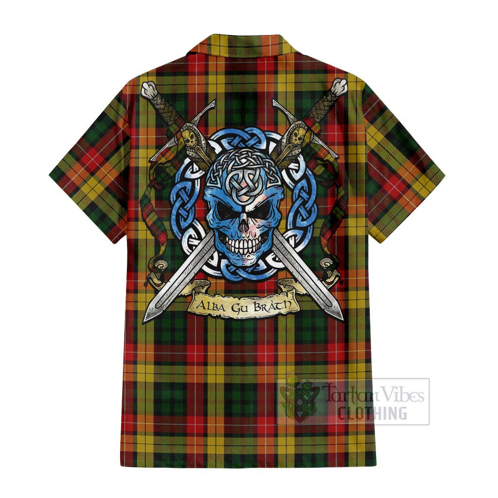 Tartan Vibes Clothing Buchanan Tartan Short Sleeve Button Shirt with Family Crest Celtic Skull Style