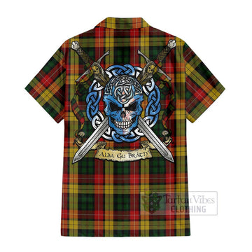 Buchanan Tartan Short Sleeve Button Shirt with Family Crest Celtic Skull Style