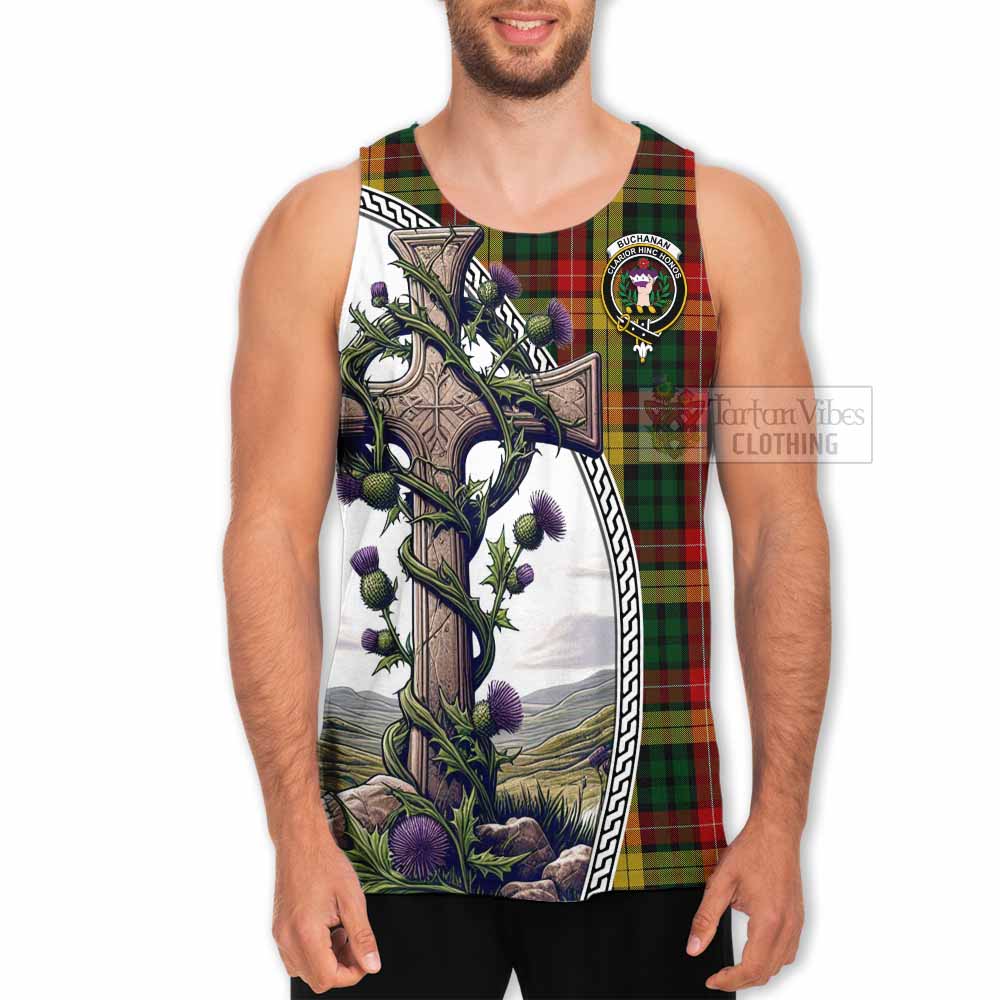 Tartan Vibes Clothing Buchanan Tartan Men's Tank Top with Family Crest and St. Andrew's Cross Accented by Thistle Vines